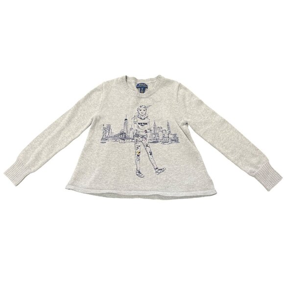 Polo Ralph Lauren Girls Knit Sweater New York City Embroidered Girl Gray Size 7 - Picture 2 of 8